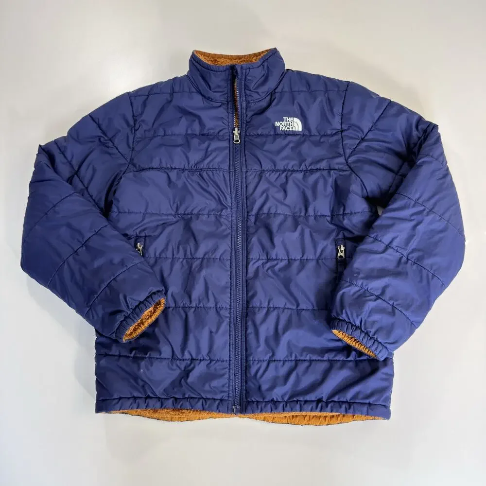 The North Face Youth Large L Navy Blue Reversible Sherpa Fleece Puffer Jacket